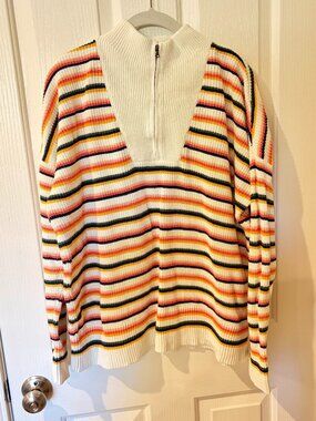 Lands' End 100% Cotton Striped Quarter Zip Sweater